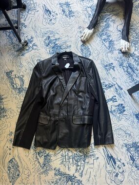 DKNY Black Perforated Leather-Style Blazer Jacket with Notch Lapel